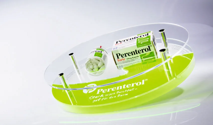 POS_andres_Zahlteller_Perenterol Bezahlen und sehen: Echtglas und Acrylglas machen diesen Depot-Zahlteller zum Hingucker auf dem Verkaufstresen. Foto: andres