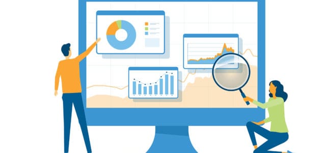 Zeichnung von zwei Männchen mit Lupe, die Datenkurve analysieren