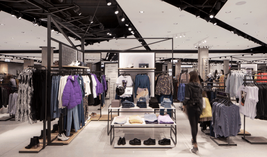 Kundin im Innenraum eines Modegeschäfts