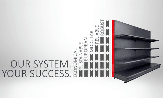Animation Regalsysteme von Tegoemetall mit Schriftzug "Our System, your Success"