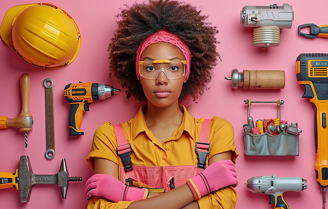 Frau mit verschränkten Armen vor Wand mit unterschiedlichen Werkzeugen.