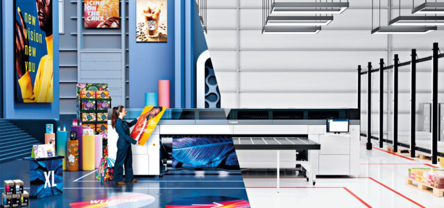 Mitarbeiterin schaut sich ausgedruckte Posterwerbung von Canon Colardo XL an.