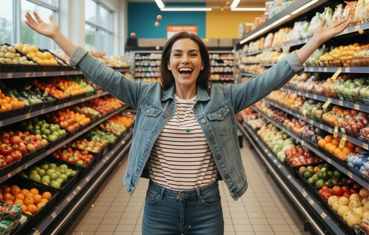 Frau breitet in Obst- und Gemüseabteilung von Supermarkt freudestrahlend die Arme aus.