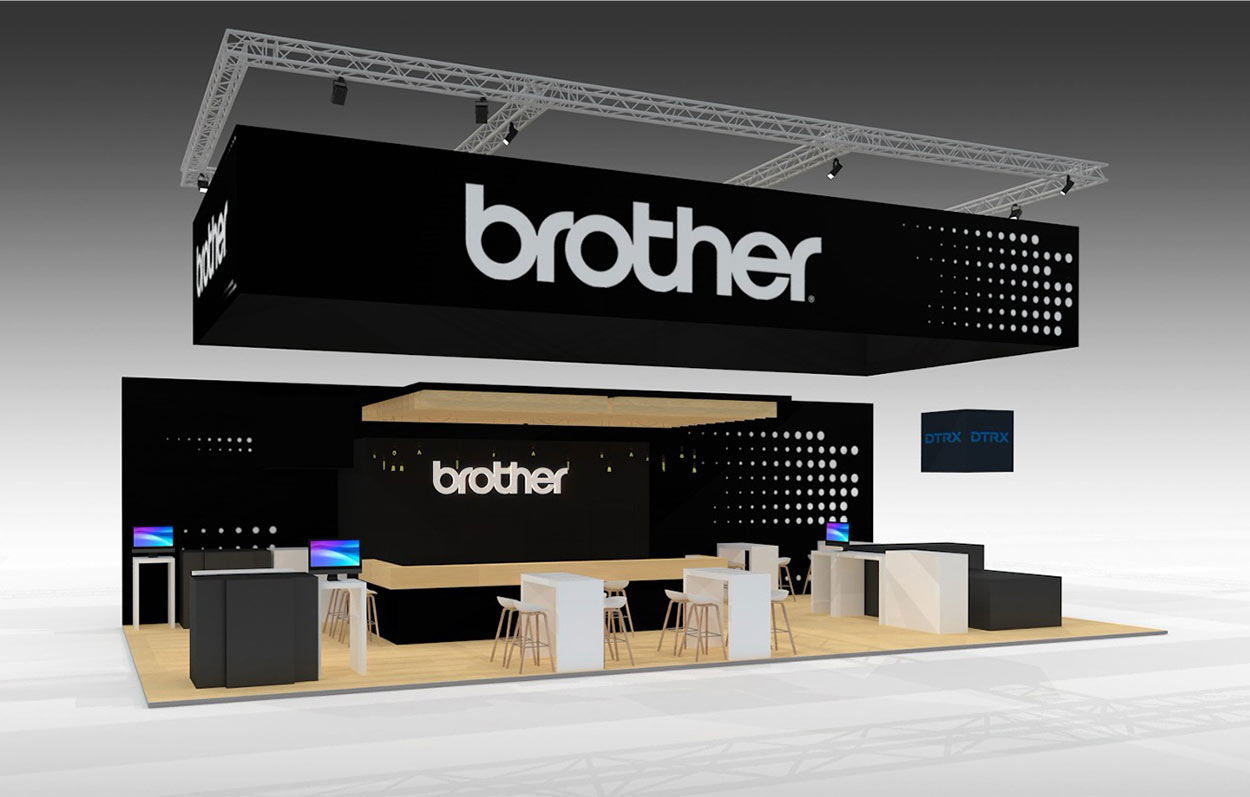 Brother-Stand auf Fespa mit industriellem DRTX DTF-Drucker.