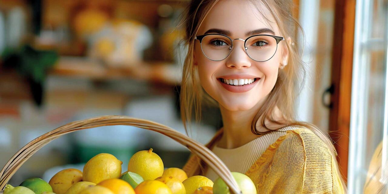 Frau mit Einaufskorb voller Zitronen.