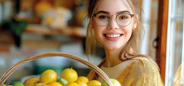 Frau mit Einaufskorb voller Zitronen.