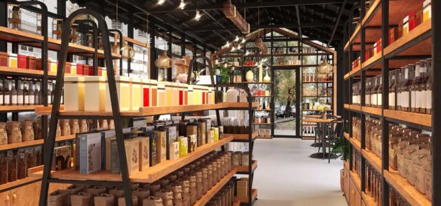 Verkaufsraum eines Ladens mit Flaschen und Verpackungen.