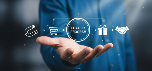 Hand mit Hologramm-Schrift "Loyalty-Programm" und Symbolen