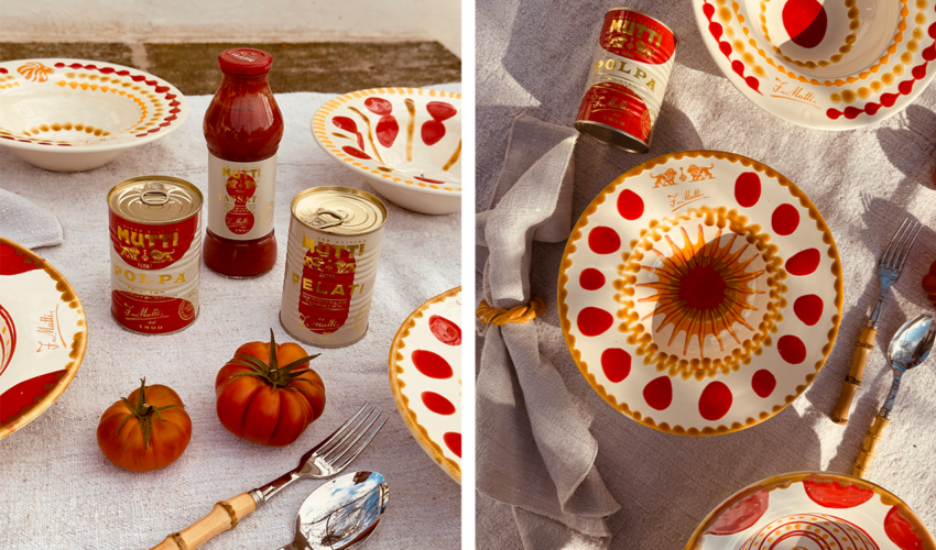 Tomatensoßen von Mutti, Teller und Tomaten