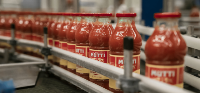 Tomatensoßenflaschen auf Fließband
