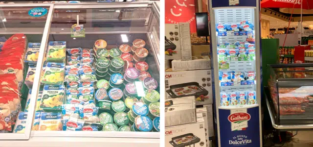 Geteiltes Bild von Kühltheke mit Mozarella Galbani und Kühlschrank mit Mozarella Galbini