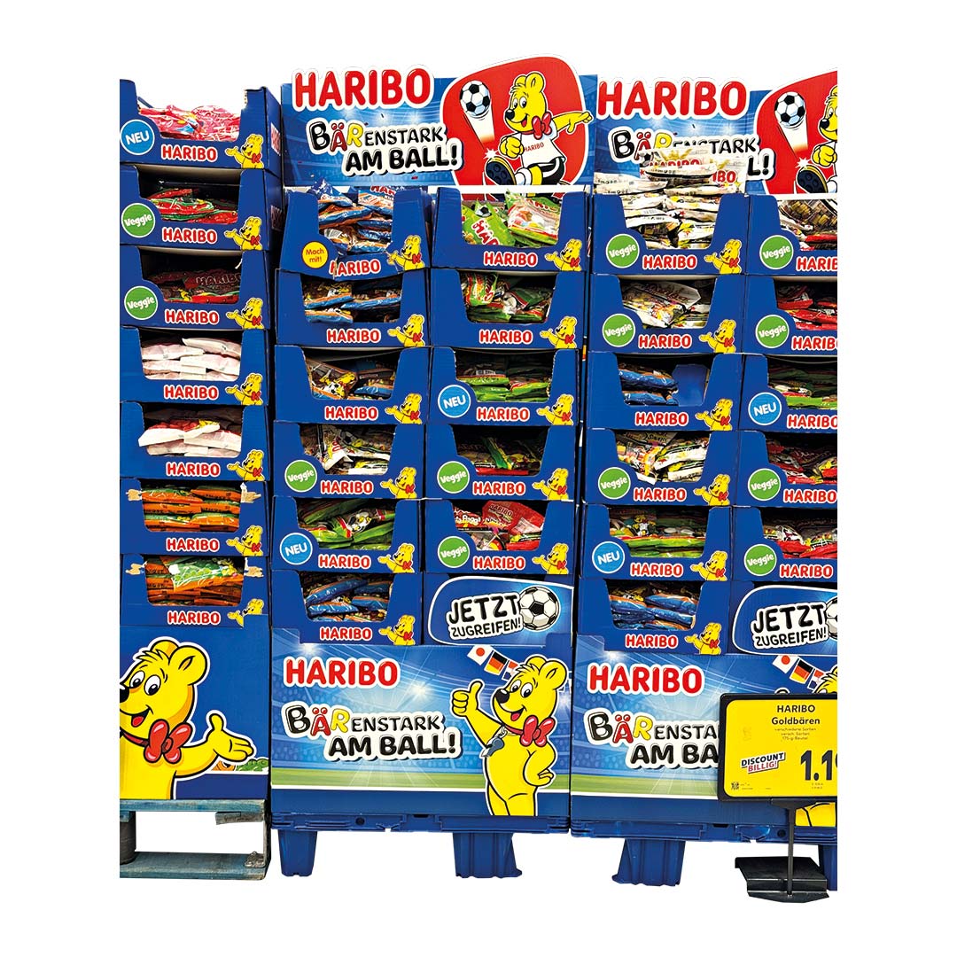 WM_Suessware_Haribo_LEH Display Haribo mit Überschrift "Bärenstark am Ball"
