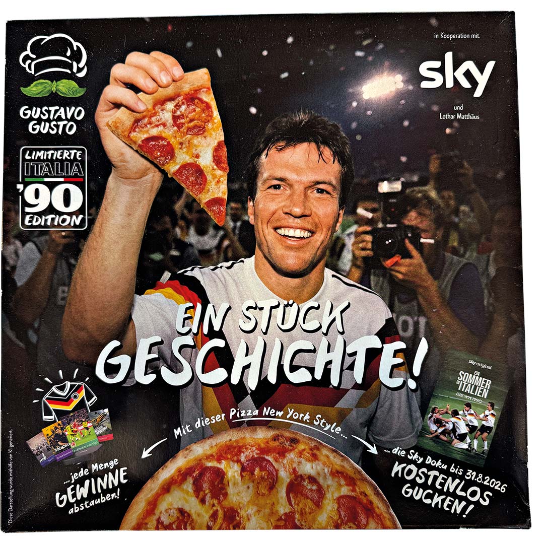 WM_TK_GustavoGusto_LEH Pizzakarton mit Aufschrift "Ein Stück Geschichte" und Bild von Lothar Matthäus während WM 1990