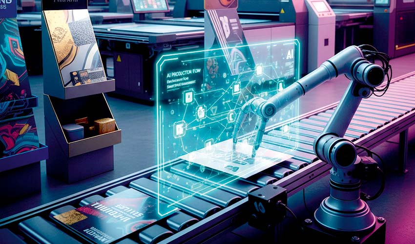 fokus_innovation An Fließband arbeitender Roboter mit Hologramm
