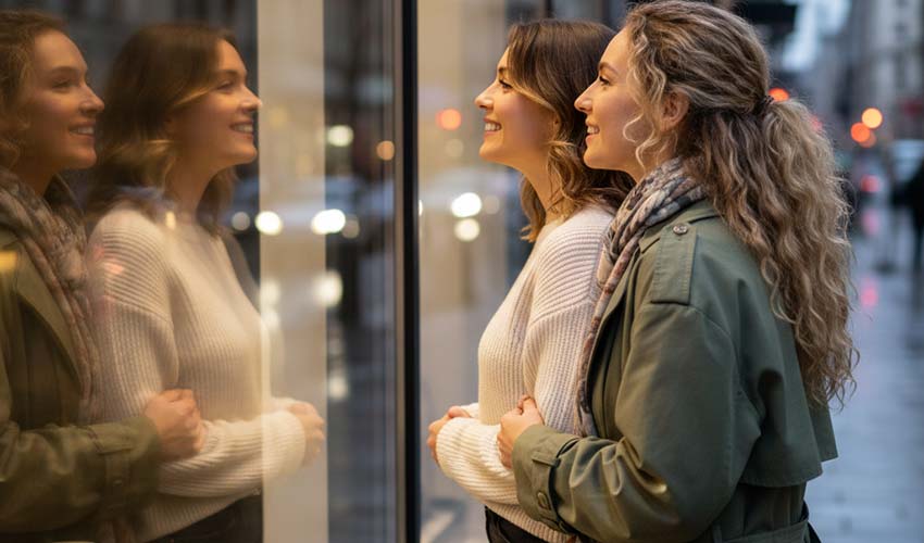 pos_check_schaufenster Zwei Frauen betrachten Schaufenster von außen