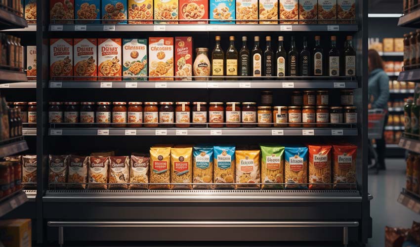 spezial_regal Supermarktregal mit Nudeln, Olivenöl und Nudelsoße