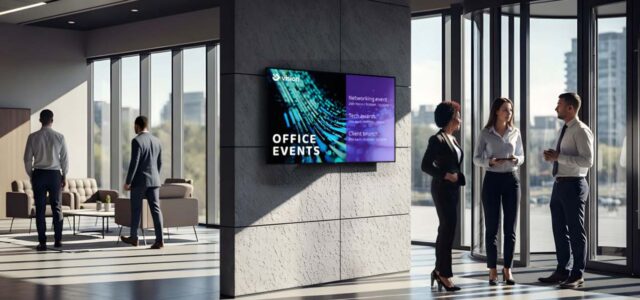 Ansicht von Büro mit Mitarbeitern und PPDS Signage 7000 Serie an der Wand
