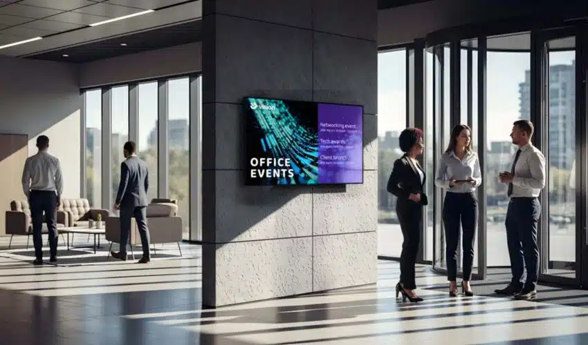 Ansicht von Büro mit Mitarbeitern und PPDS Signage 7000 Serie an der Wand