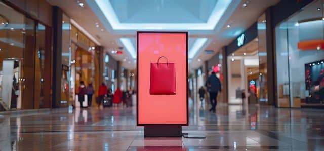 Retail-Media-Bildschirm mit Taschenwerbung in Einkaufszentrum