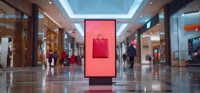 Retail-Media-Bildschirm mit Taschenwerbung in Einkaufszentrum
