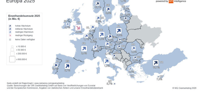 Karte mit Zuwachsraten im Einzelhandel in Europa