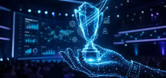 Hologramm von Hand, die Pokal in der Hand hält mit digitalen Anwendungen im Hintergrund
