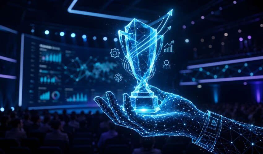 Hologramm von Hand, die Pokal in der Hand hält mit digitalen Anwendungen im Hintergrund
