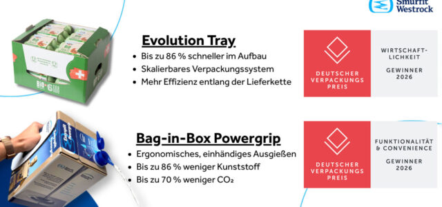 Darstellung von Evolution Tray und Bag-in-Box-Powergrip mit Logos des Deutschen Verpackungspreises
