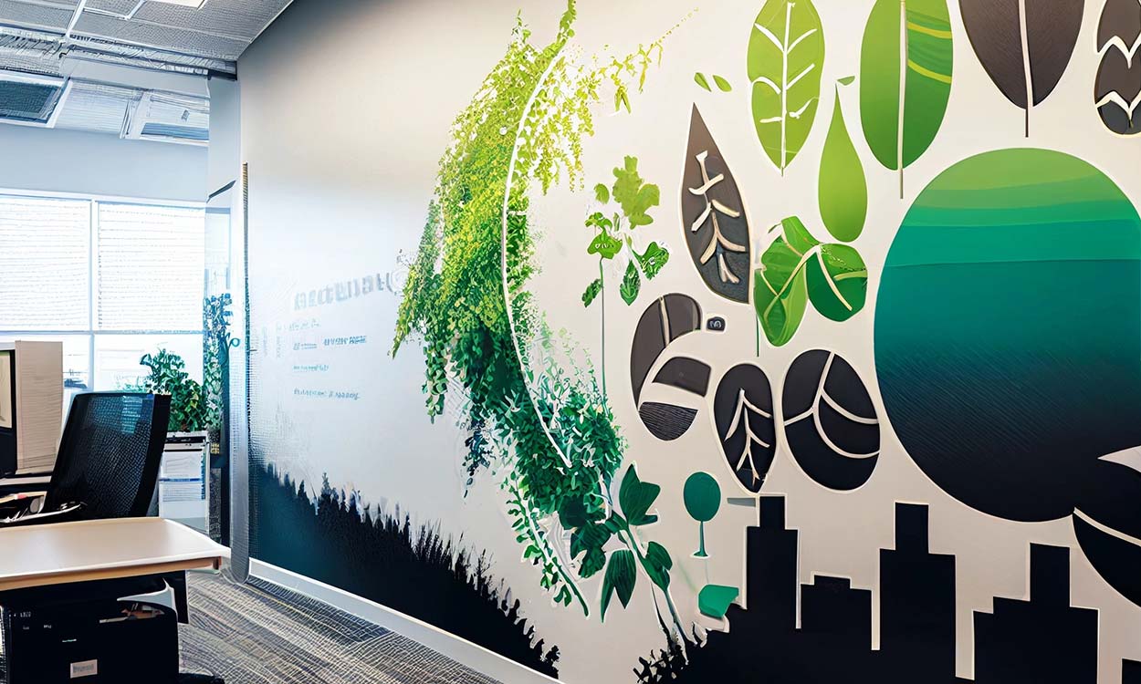 Büro mit Wand mit nachhaltigen Motiven