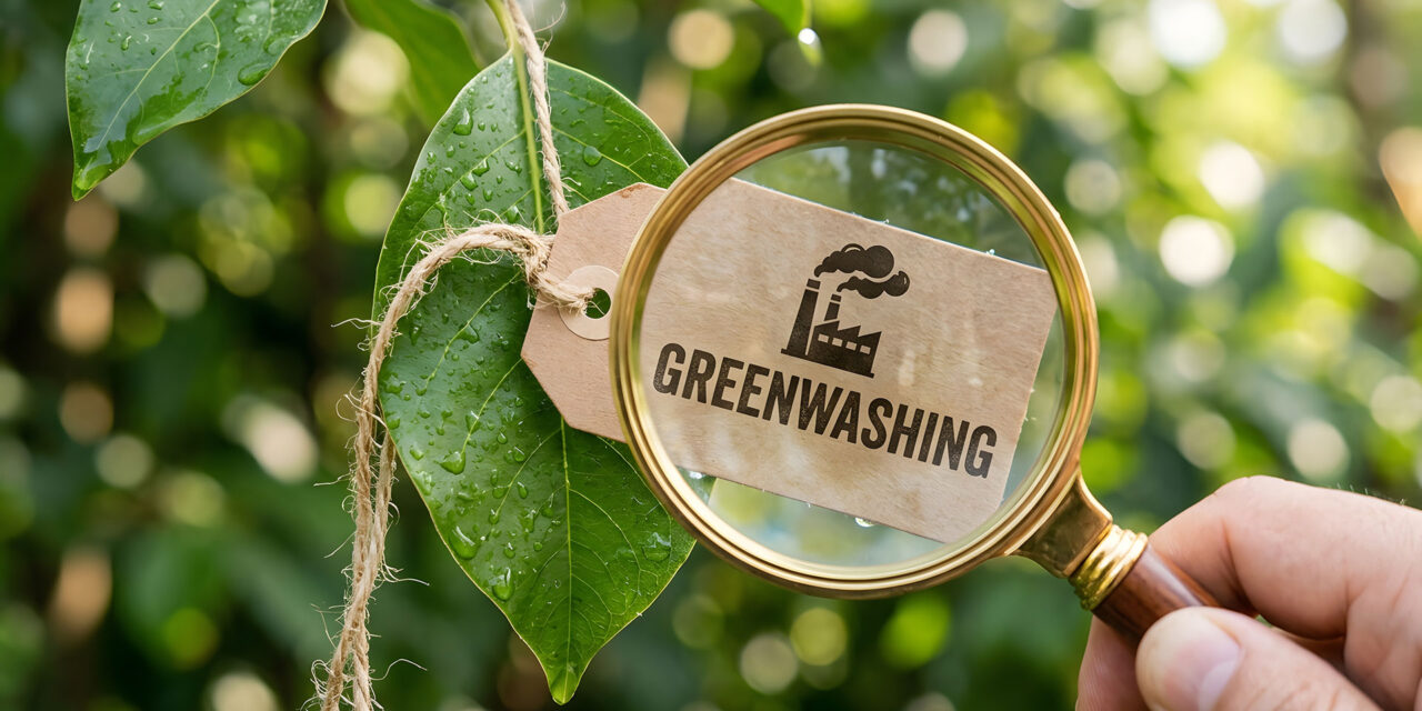 Auf grünem Blatt angebrachtes Etikett "Greenwashing" mit Darstellung von rauchender Fabrik wird durch Lupe betrachtet