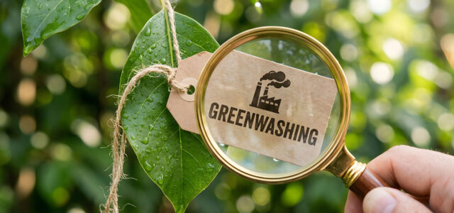 Auf grünem Blatt angebrachtes Etikett "Greenwashing" mit Darstellung von rauchender Fabrik wird durch Lupe betrachtet
