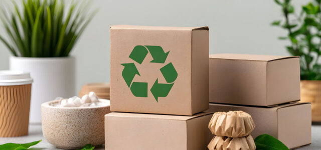 Verschiedene Kartonverpackungen mit nachhaltigen Symbolen