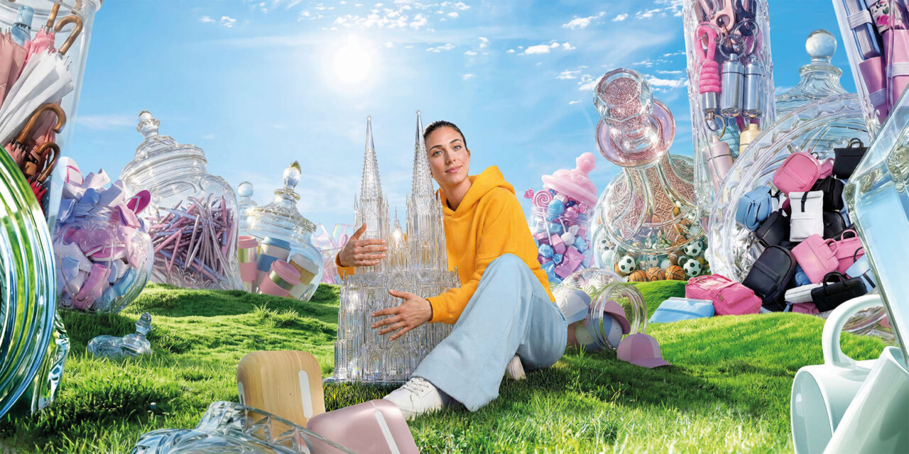 Frau hält Glasmodell von Kölner Dom in der Hand