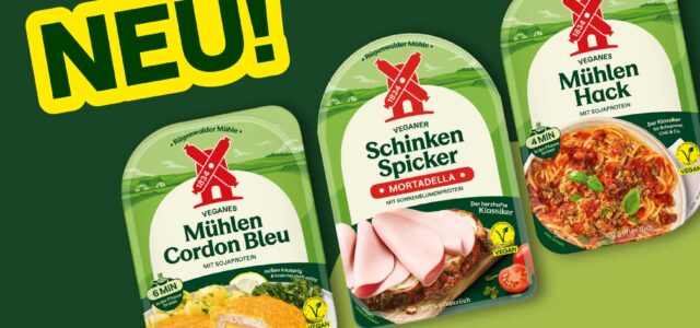 Verpackungen der Rügenwalder Mühlen Cordon Bleu, Schinken Spicker und Mühlen Hack mit dem neuen Markenauftrittt